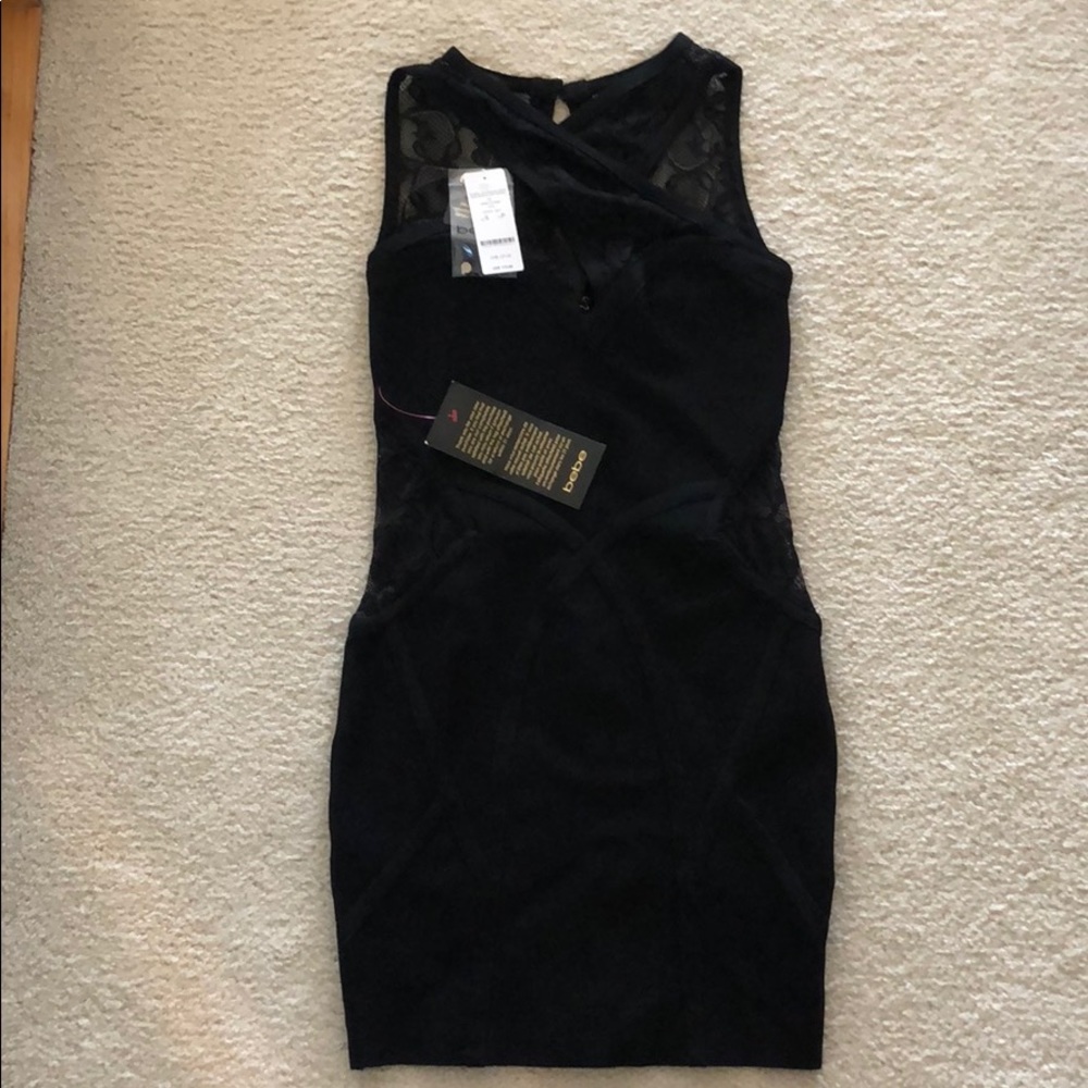 Sexy black mini dress with black lace